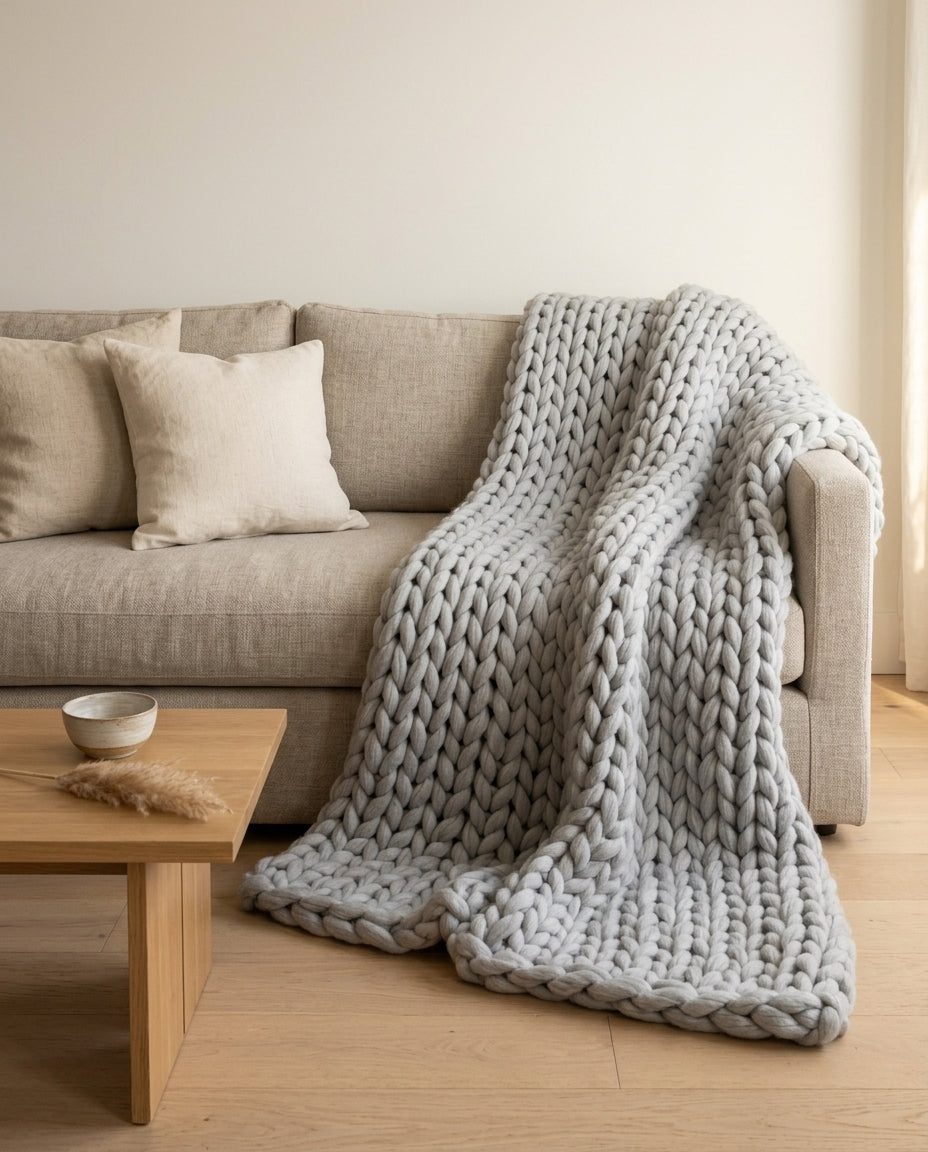 Chunky strikket tæppe XL – Håndslikket armstrikket plaid