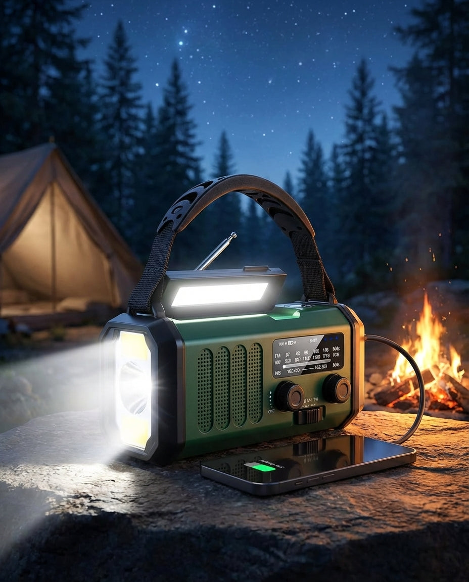 Solcelleradio & Powerbank håndsving | LED-lommelygte