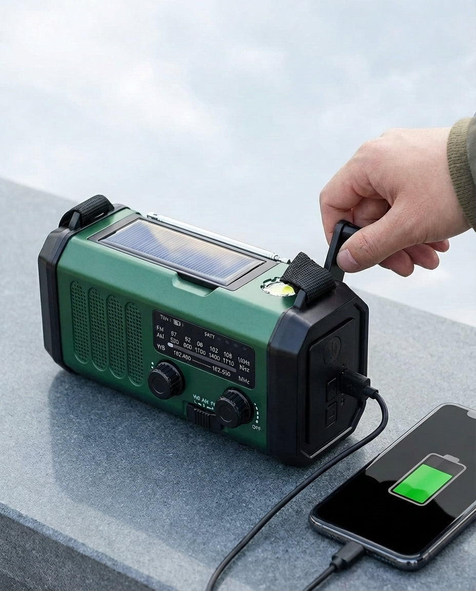 Solcelleradio & Powerbank håndsving | LED-lommelygte