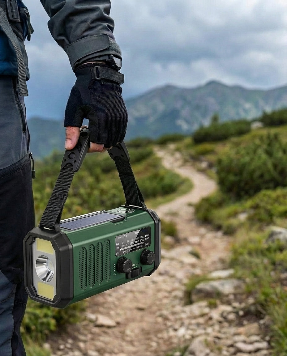 Solcelleradio & Powerbank håndsving | LED-lommelygte