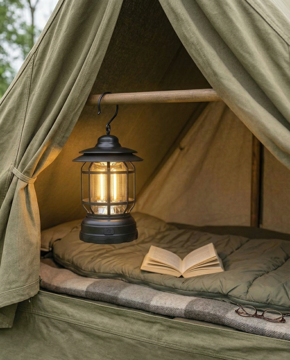 Retro campinglygte | Dæmpbar LED – USB-C og batteri