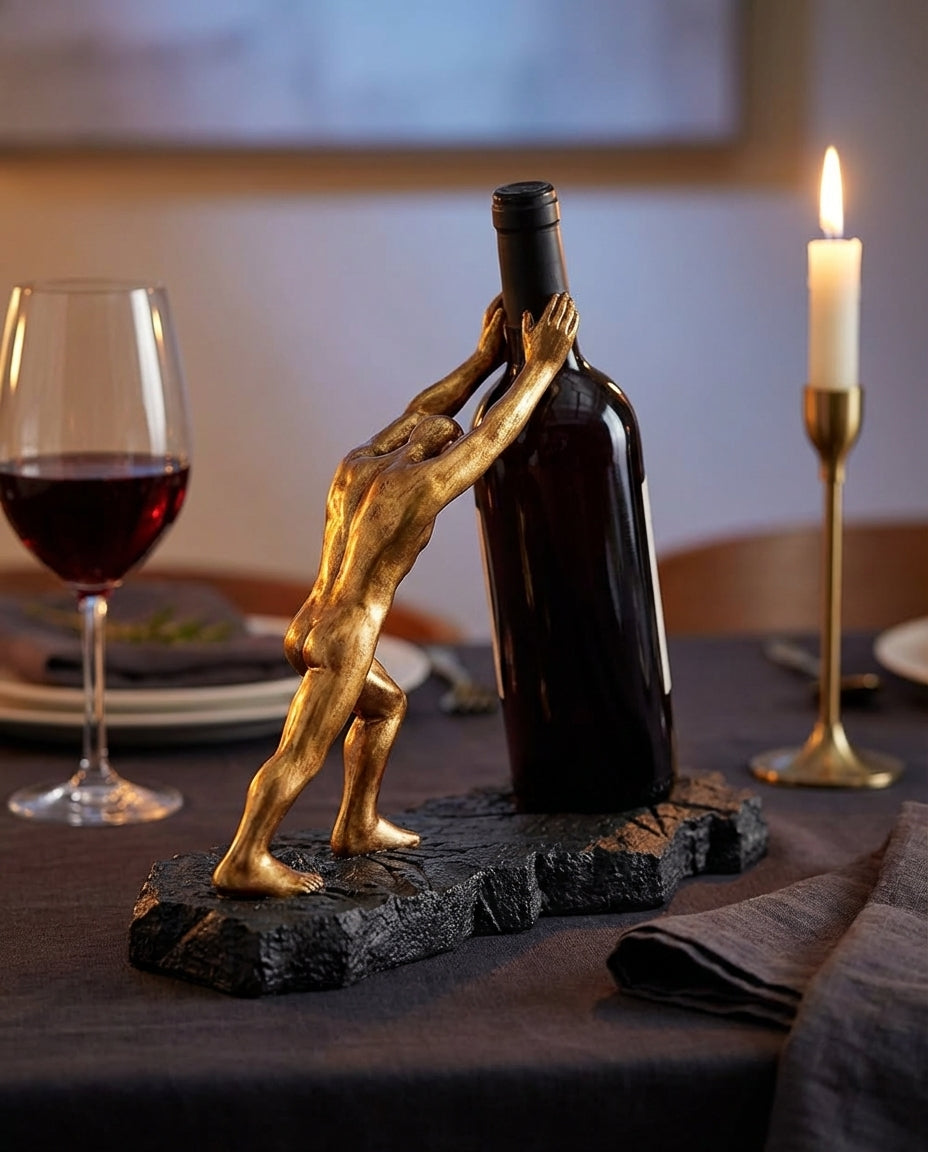 Vinflaskeholder – Skulpturel metaldisplay-stander