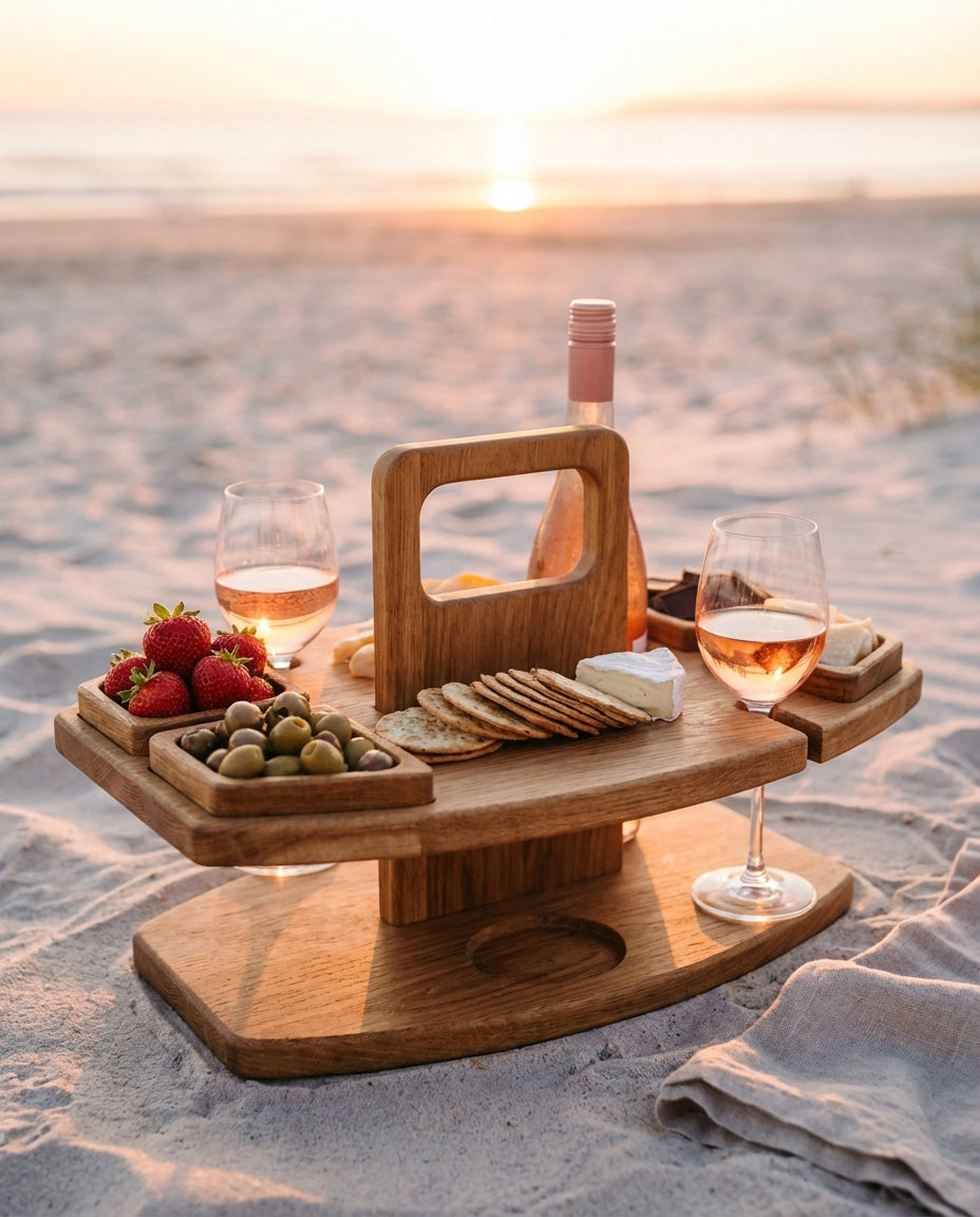 Bærbart træbord til picnic og vin | Foldbart serveringsbord til udendørs