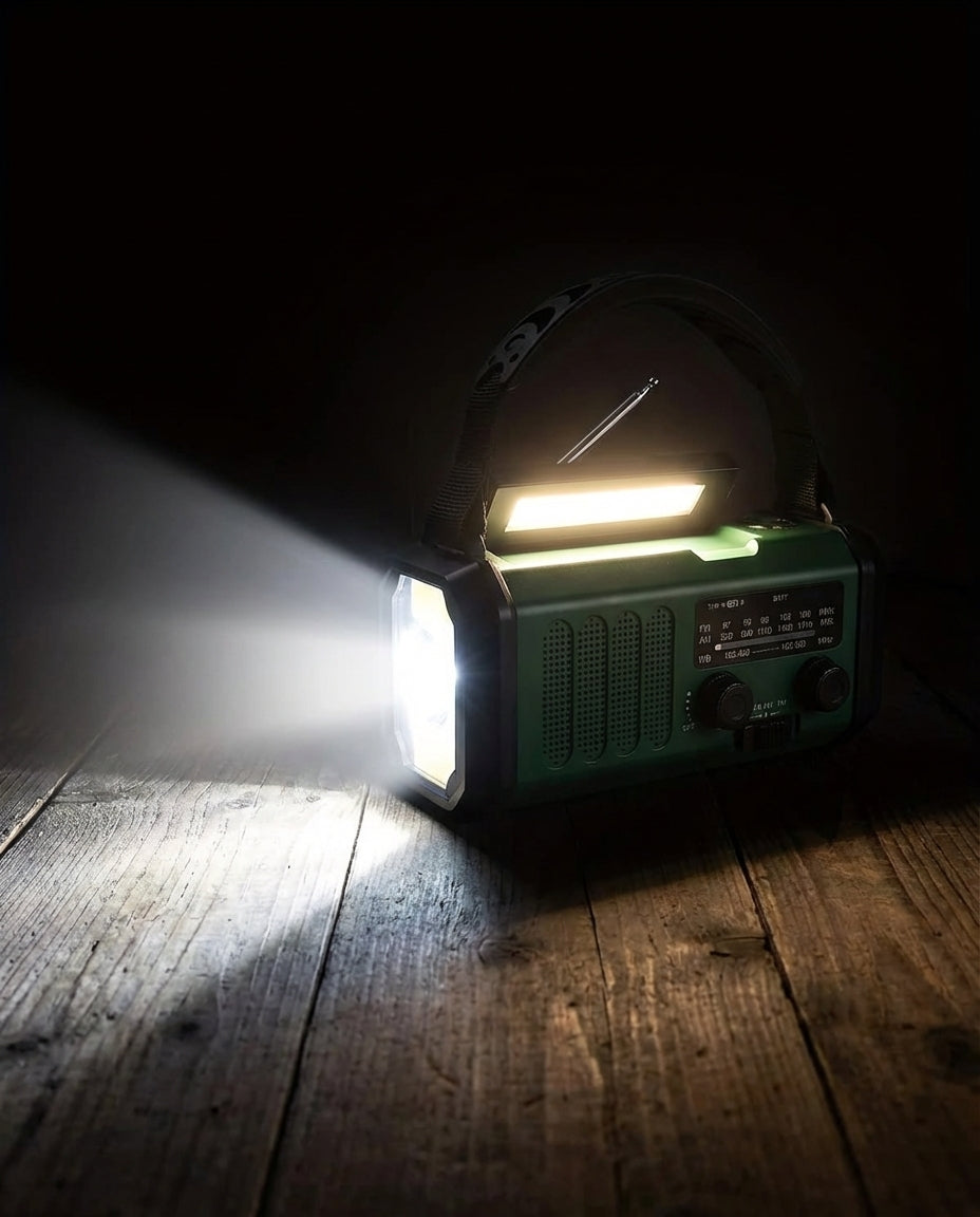 Solcelleradio & Powerbank håndsving | LED-lommelygte