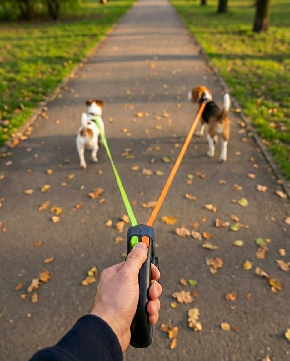 Dobbelt hundesnor | Udtrækkelig snor til to hunde på én gang