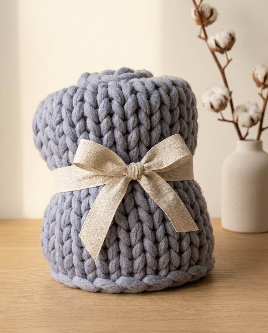 Chunky strikket tæppe XL – Håndslikket armstrikket plaid