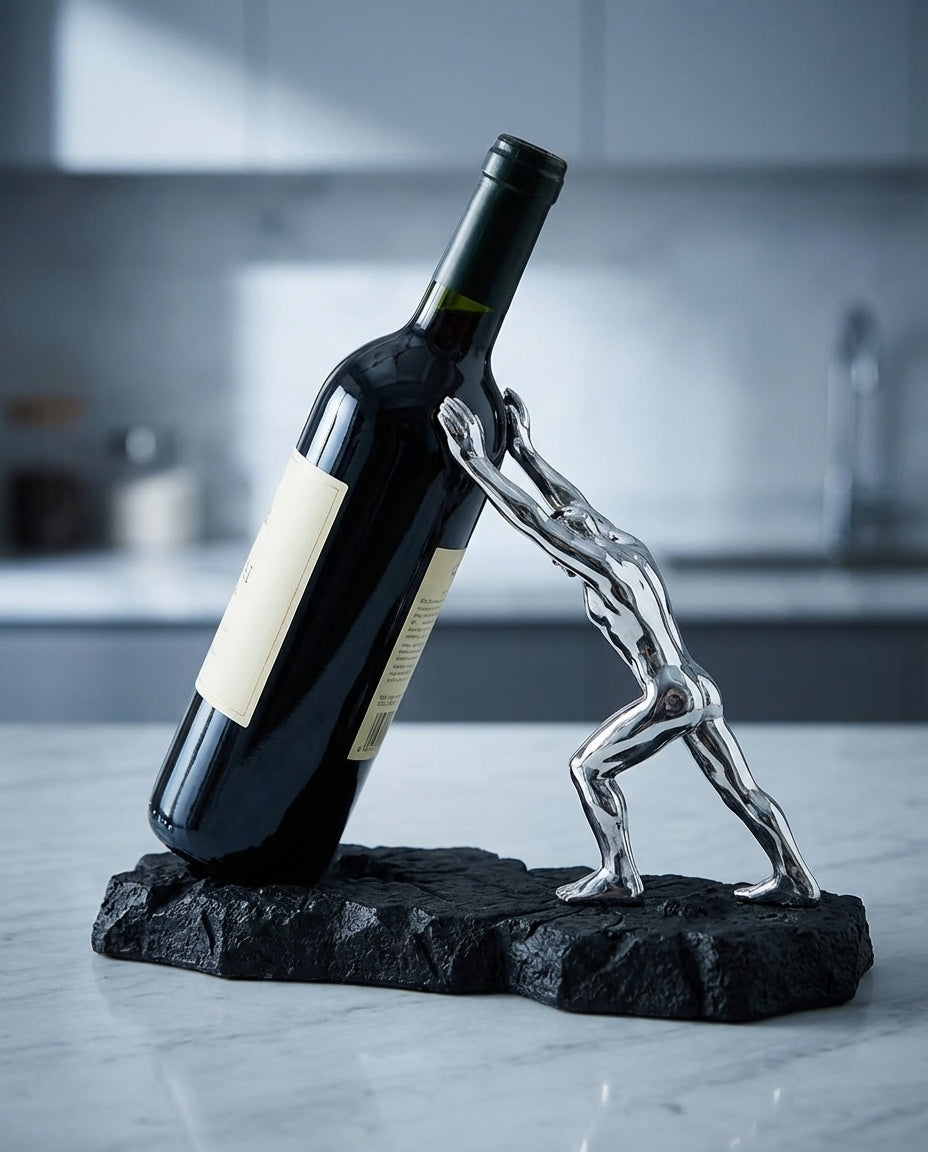 Vinflaskeholder – Skulpturel metaldisplay-stander