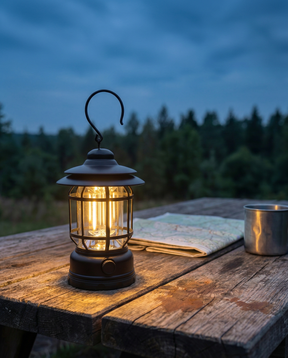 Retro campinglygte | Dæmpbar LED – USB-C og batteri