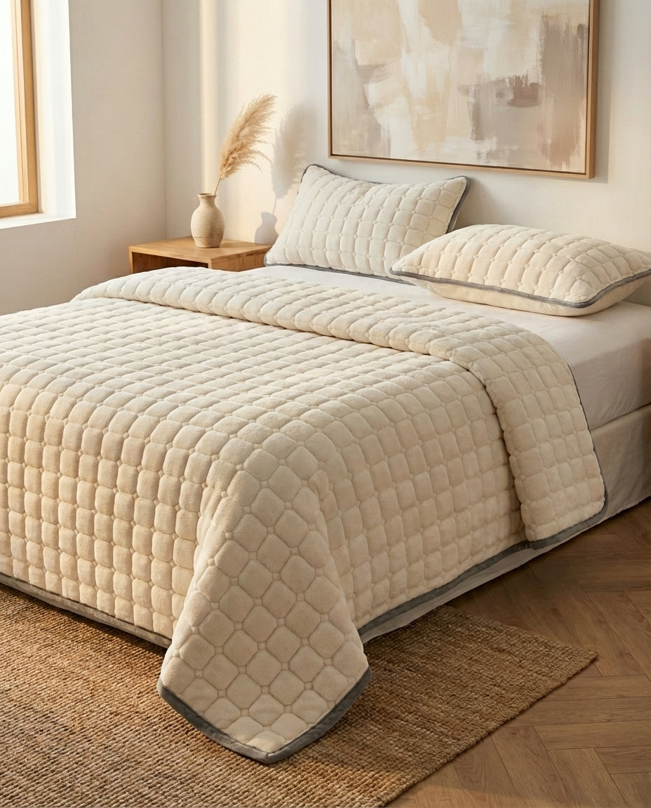 Quiltet Fleece Sengetæppe | Blødt med Firkantmønster