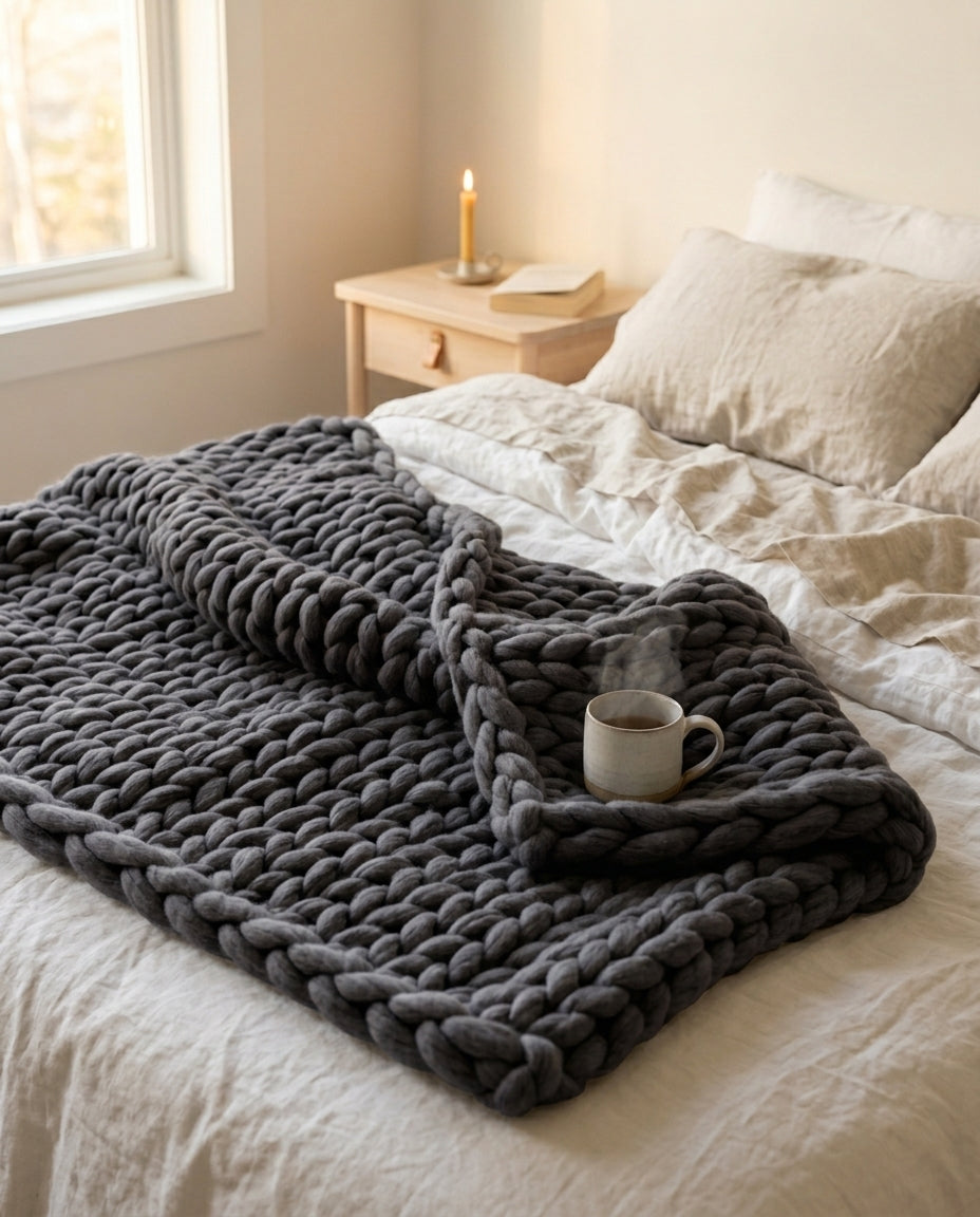 Chunky strikket tæppe XL – Håndslikket armstrikket plaid