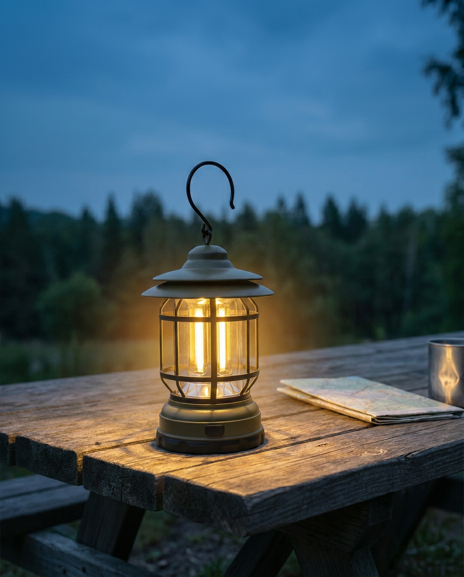 Retro campinglygte | Dæmpbar LED – USB-C og batteri