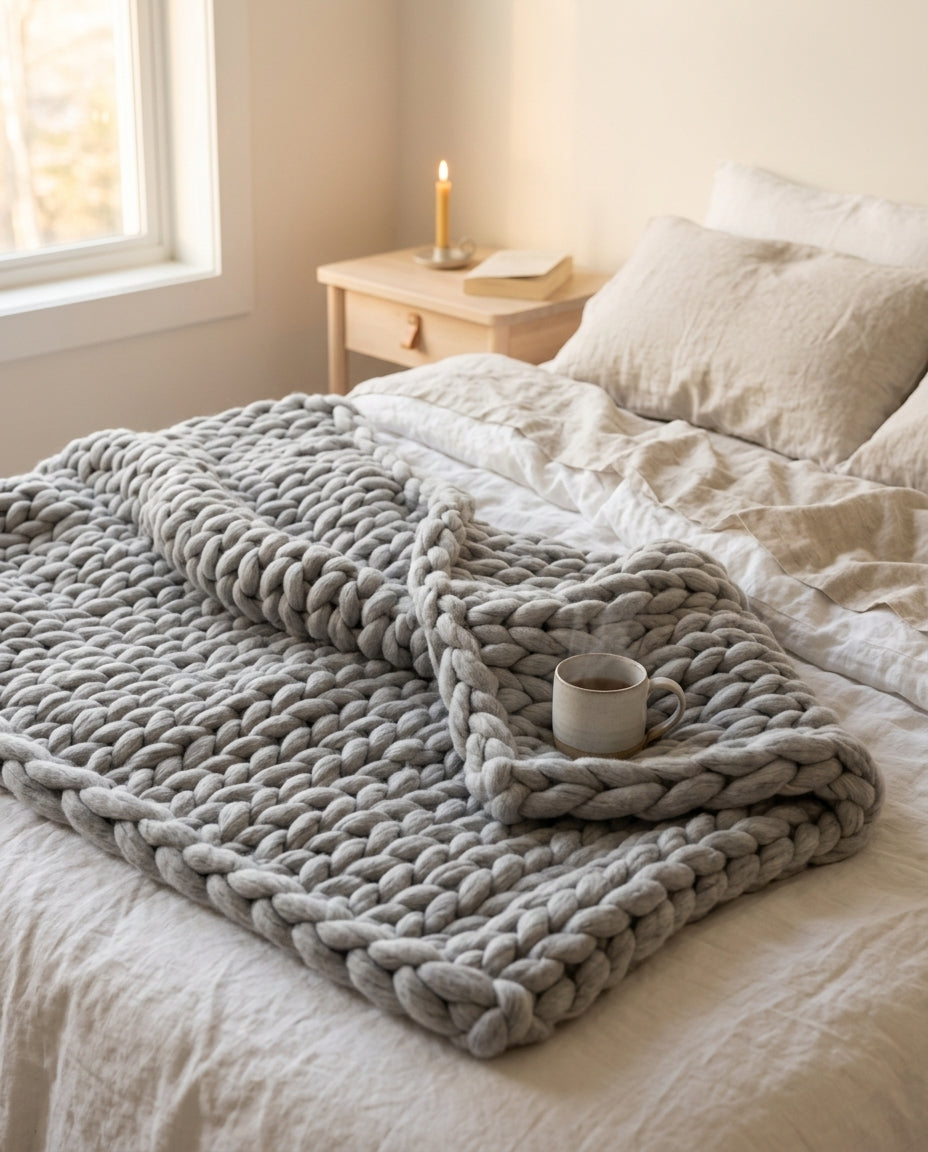 Chunky strikket tæppe XL – Håndslikket armstrikket plaid