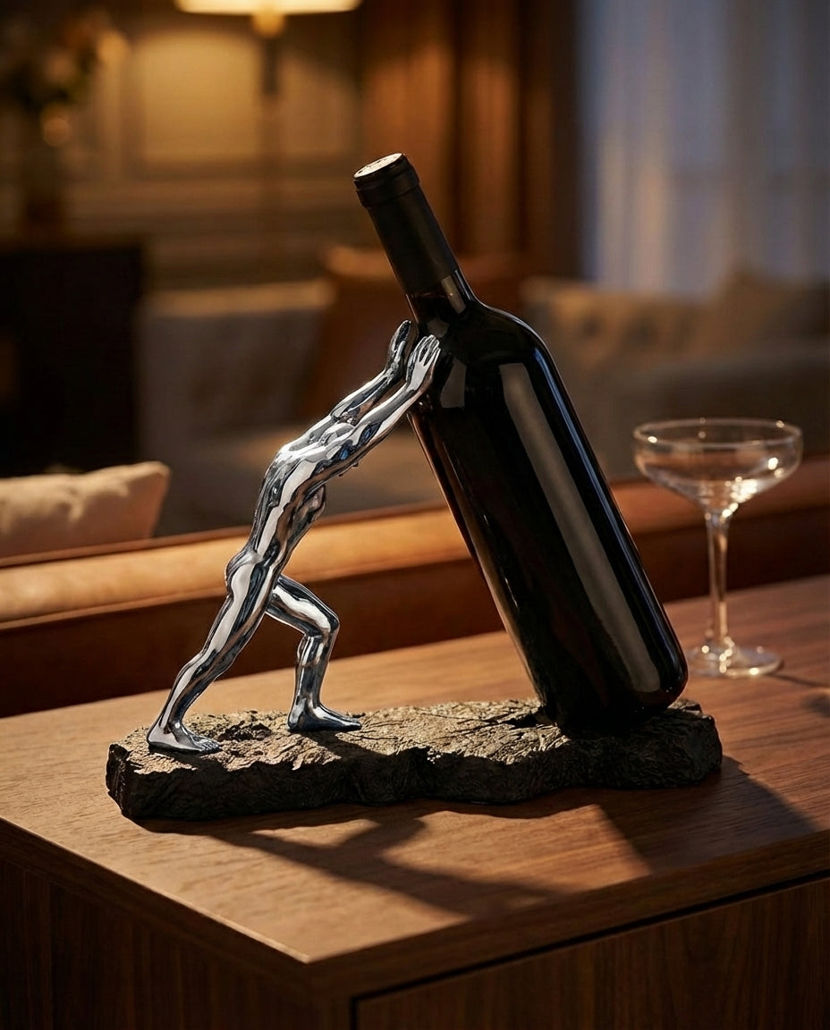Vinflaskeholder – Skulpturel metaldisplay-stander