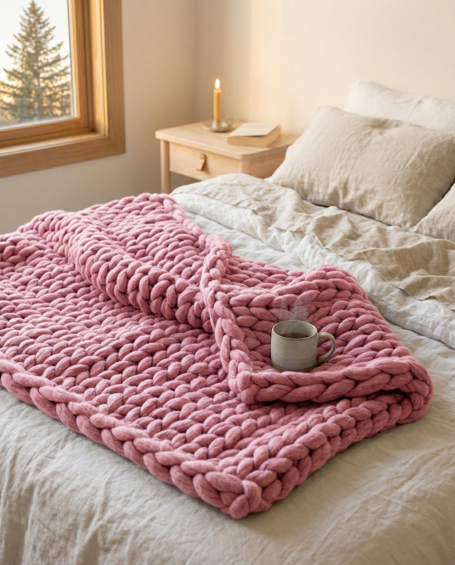 Chunky strikket tæppe XL – Håndslikket armstrikket plaid