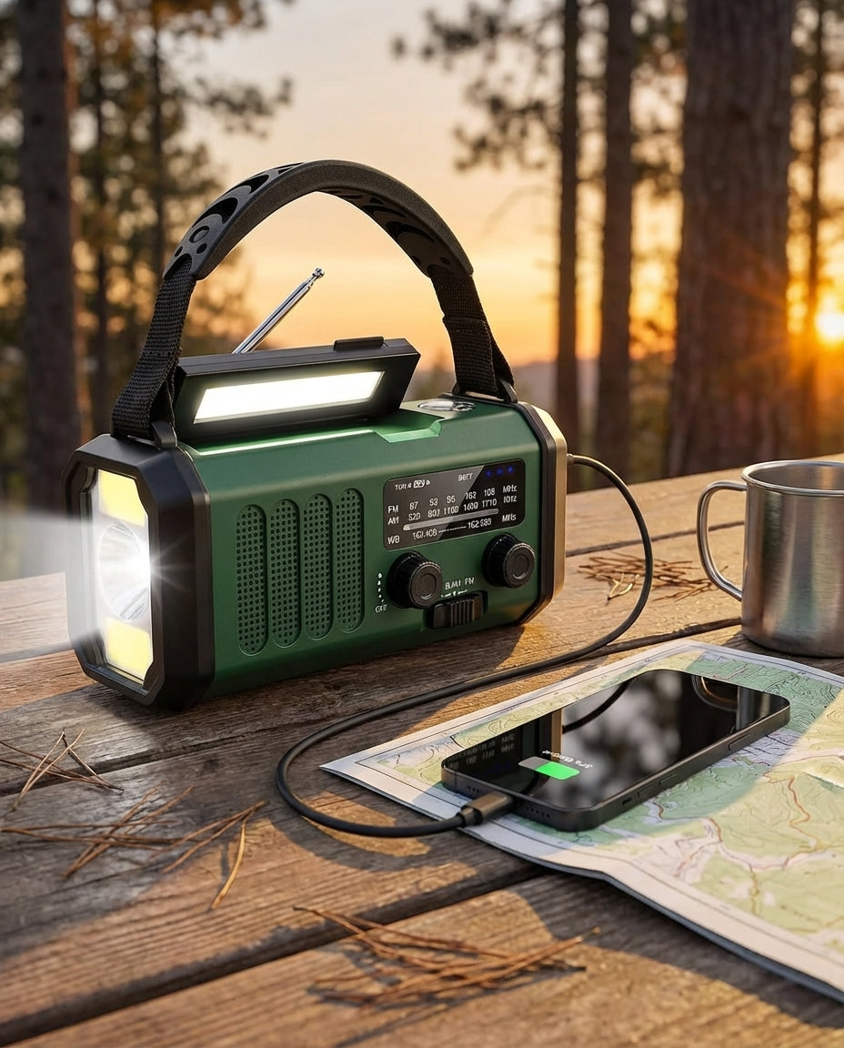 Solcelleradio & Powerbank håndsving | LED-lommelygte