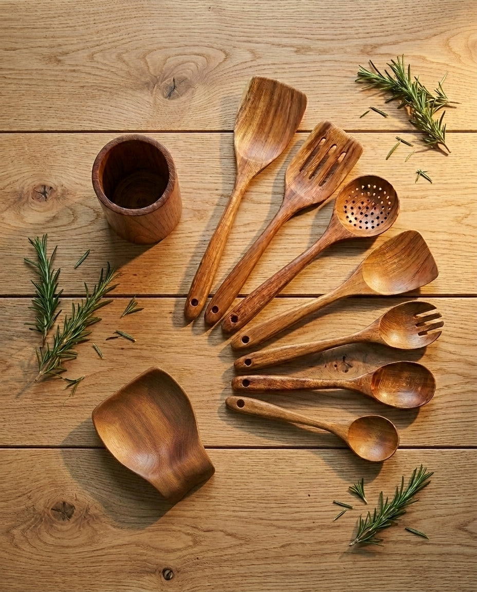 Træredskaber til køkkenet – 9-delt teak-kollektion